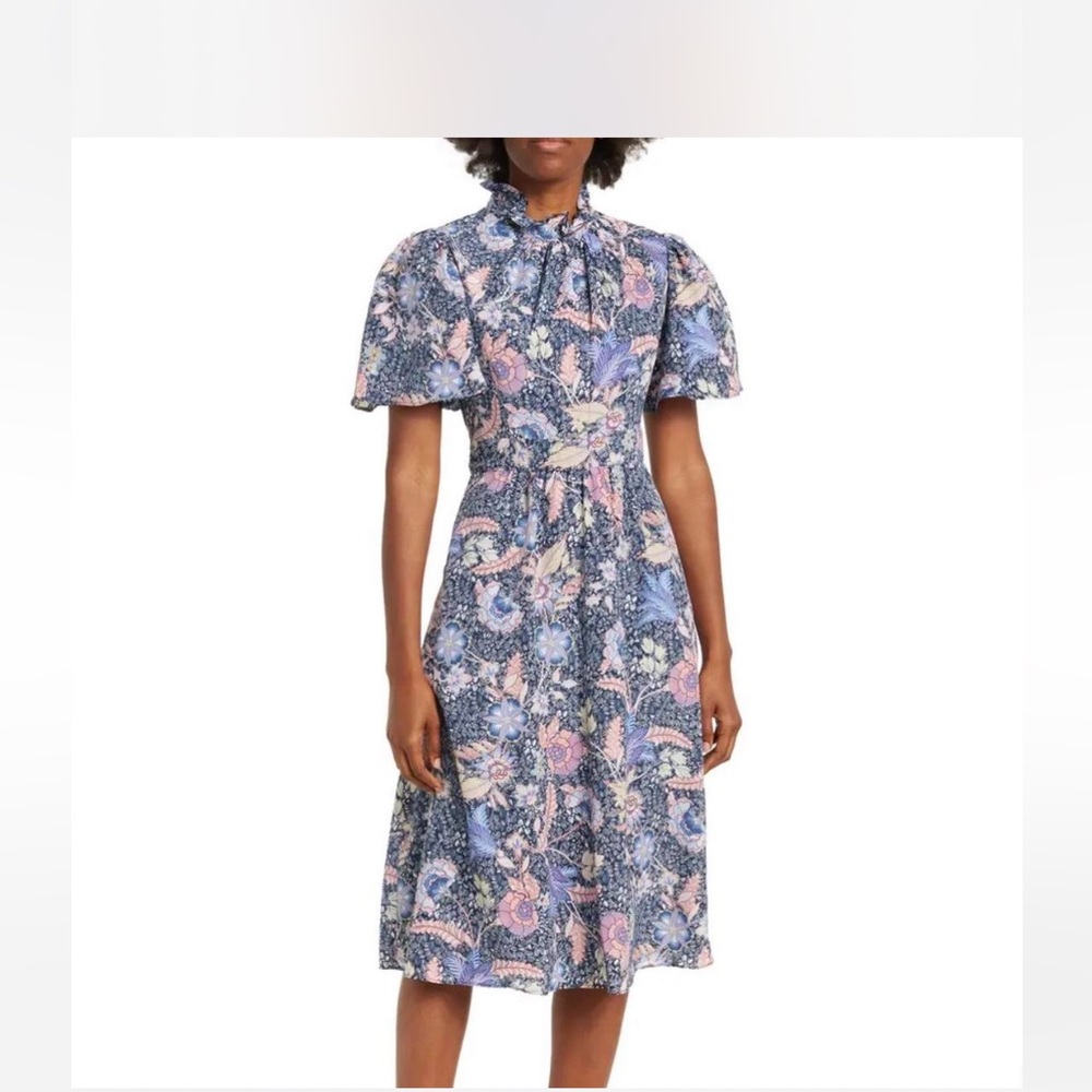 Julia Jordan Ruffle High Neck Flutter Sleeve Dress Midi Floral Cottagecore SZ 12